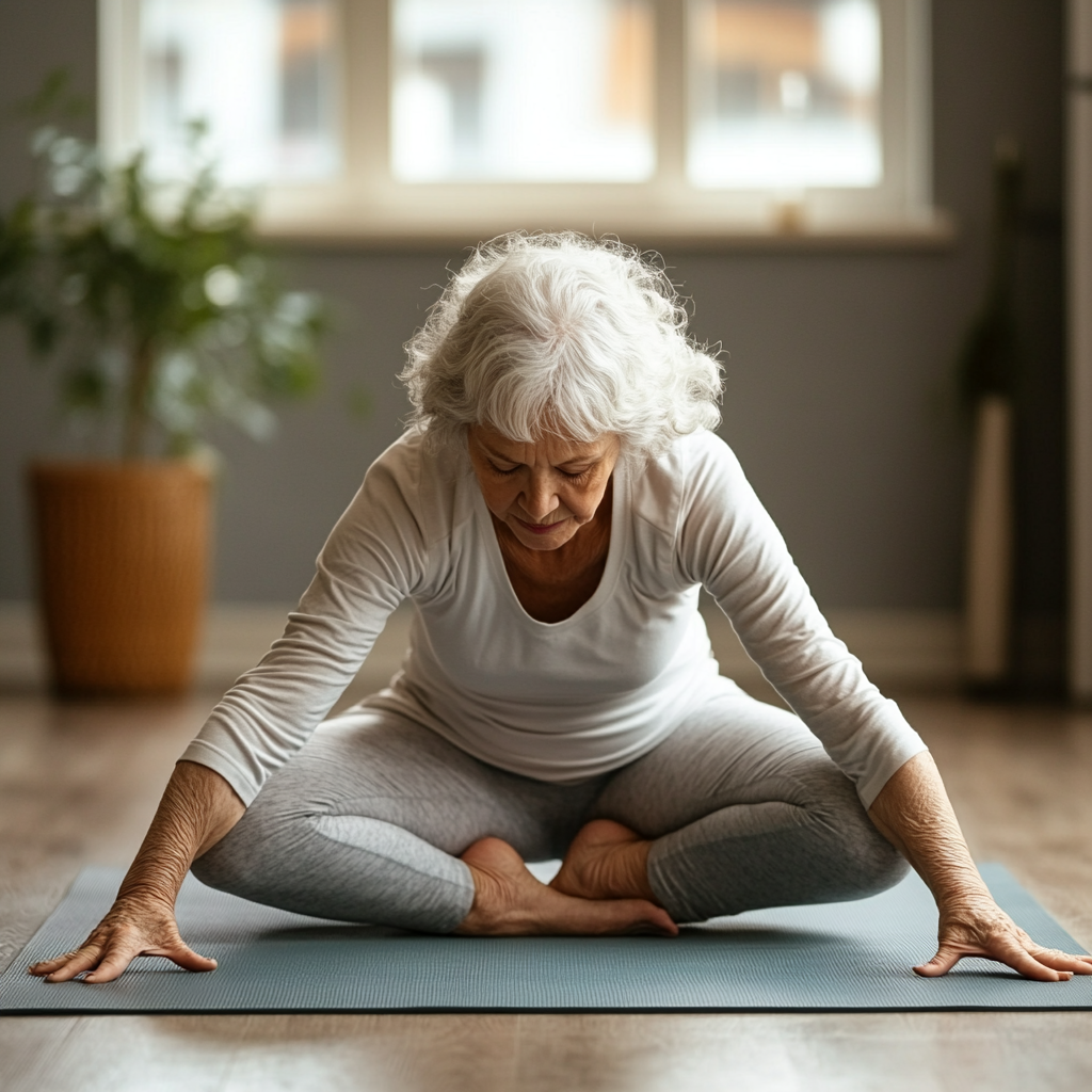 Молода жінка виконує простий нахил вперед на йога-килимку в затишній студії