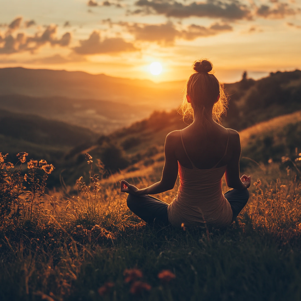 Жінка в позі лотоса медитує на заході сонця серед природи
