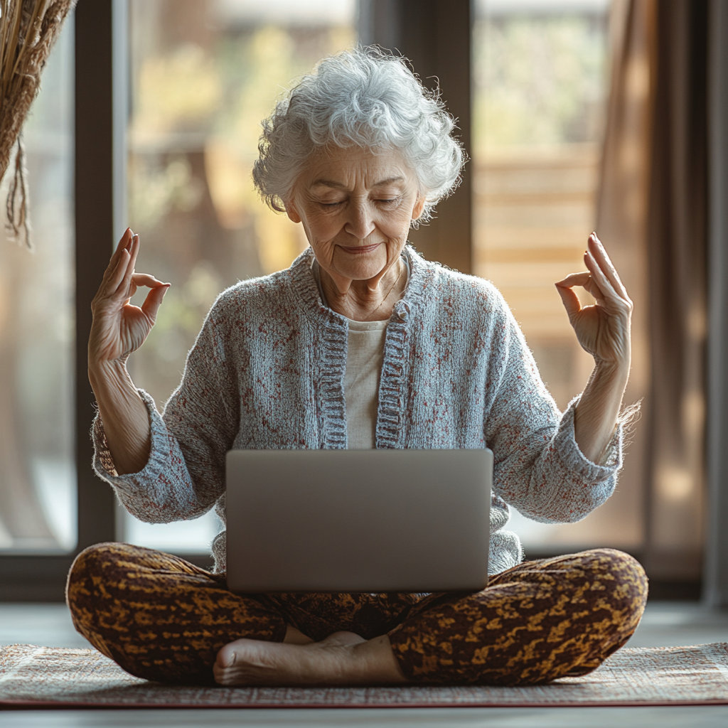 Жінка практикує йогу вдома перед ноутбуком під час онлайн заняття